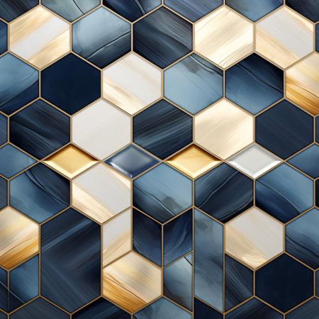 the hexagon, a geometric shape with six sides, is beautifully showcased in this stunning visual, featuring a subtle blue color tone that exudes calmness, paired with a touch of luxury through its elegant gold accent, perfect for design inspiration and artistic expression. ai generatedの素材