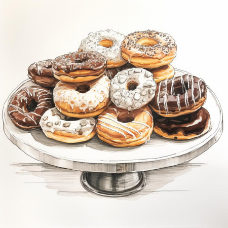 a vibrant sketch of a plate of doughnuts on a bar counter, surrounded by coffee cups and napkins, captures the essence of a bustling morning scene, evoking feelings of warmth and comfort, perfect for coffee lovers and sweet-tooths alike, in a modern and trendy atmosphere. ai generatedの素材