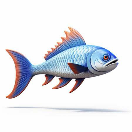 the majestic kingfish, a vibrant orange koi, swims regally in profile view, its scales shimmering with iridescent hues, set against a pristine white isolated background, showcasing its sleek, streamlined body, expertly crafted using cutting-edge pixar 3d technology to bring this aquatic masterpiece to life. ai generatedの素材