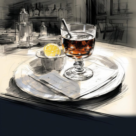 a cocktail glass sits elegantly on a polished bar, filled with a refreshing blend of spirits, garnished with a slice of citrus and a sprig of mint, surrounded by ice cubes and a napkin, evoking a sense of sophistication and relaxation in a trendy lounge atmosphere. ai generatedの素材