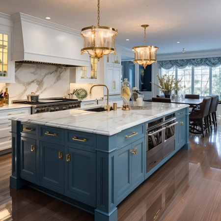 this elegant kitchen remodel features a soothing subtle blue color palette, beautifully complemented by sophisticated gold accents, creating a luxurious and inviting atmosphere, perfect for cooking and entertaining, with sleek cabinetry, stylish countertops, and modern appliances. ai generatedの素材