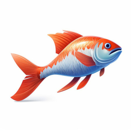 the majestic kingfish, a vibrant orange koi, is stunningly rendered in 3d using pixar technology, showcasing its sleek, scaled body in profile view, set against a pristine white isolated background, highlighting its intricate fins and majestic swimming posture, perfect for aquatic and marine life enthusiasts. ai generatedの素材