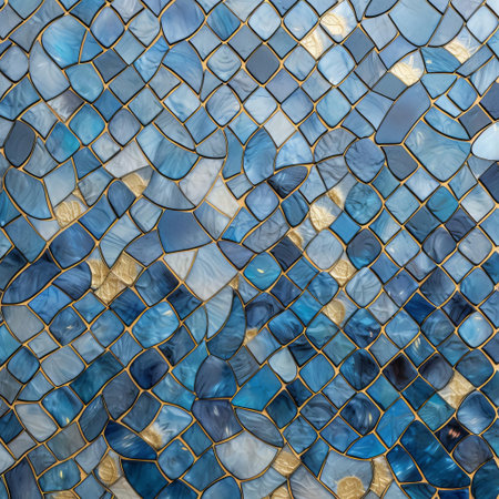 the elegant mosaic tile features a subtle blue color palette with a touch of sophistication, elevated by a delicate gold accent that adds a hint of luxury and refinement, perfect for creating a sophisticated ambiance in any interior design setting. ai generatedの素材