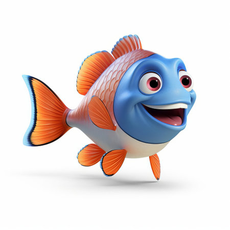 the majestic kingfish, a vibrant orange koi, is showcased in stunning profile view, its full body majestically rendered in exquisite 3d detail using cutting-edge pixar technology, set against a pristine white isolated background, highlighting its regal scales and flowing fins in breathtaking clarity. ai generatedの素材