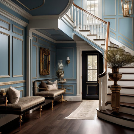 luxurious living room features a row of three dark brown couches with light beige pillows, creating a cozy seating area on a dark wood floor, complemented by a white rug, light blue walls with white trim and gold accents, exuding refinement, elegance, and sophistication in interior design and home decor. ai generatedの素材