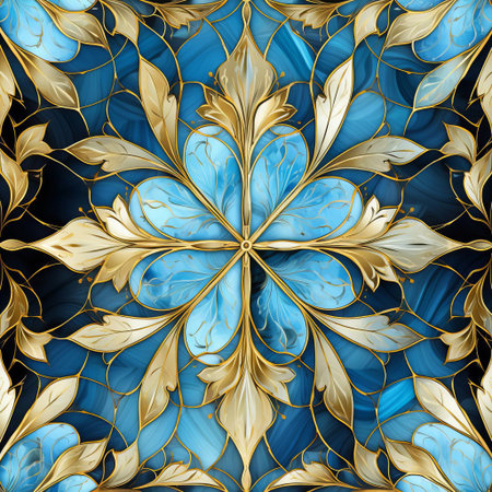 the luxurious textile features an elegant pattern with a subtle blue color palette, beautifully complemented by a sophisticated gold accent that adds a touch of opulence and refinement, perfect for upholstery, fashion, or home decor designs that exude classic sophistication and glamour. ai generatedの素材