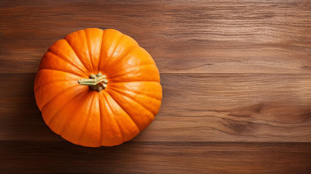 a vibrant orange pumpkin sits proudly on a rustic wood table, its ridges and crevices illuminated by soft, natural light, evoking feelings of autumnal coziness and warmth, perfect for seasonal decorations, fall festivities, and harvest-themed gatherings. ai generatedの素材