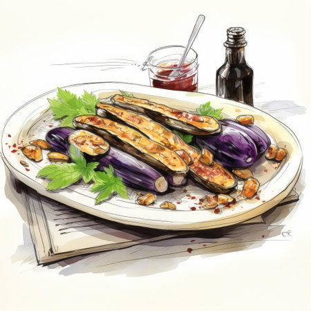 "eggplant, a vibrant purple delight, takes center stage on a rustic wooden bar, surrounded by subtle shadows, in this stunning sketch, capturing the essence of a mediterranean-inspired still life, perfect for foodies and art enthusiasts alike, evoking feelings of warmth and sophistication.", ai generatedの素材