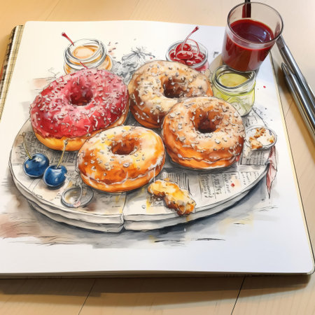 a vibrant sketch of a plate of doughnuts on a trendy bar counter, surrounded by scattered utensils and a few coffee cups, captures the essence of a bustling breakfast scene, evoking feelings of warmth and comfort, perfect for a cozy morning gathering or casual brunch with friends. ai generatedの素材