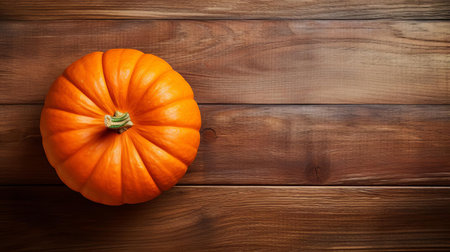 a vibrant orange pumpkin sits centered on a rustic wood table, its smooth skin glistening in the light, surrounded by subtle wood grain textures, evoking feelings of autumnal coziness and harvest season warmth, perfect for fall decorations and seasonal arrangements. ai generatedの素材