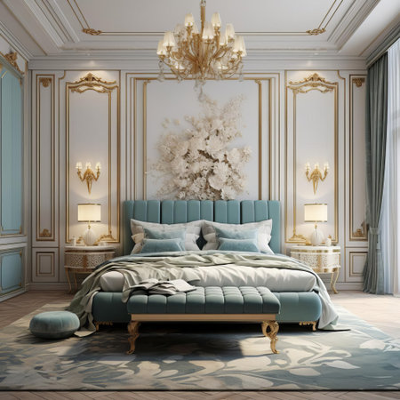 the bedroom exudes serenity with its subtle blue walls, perfectly complemented by gold accents that add a touch of luxury and sophistication, creating a calming ambiance ideal for relaxation and rejuvenation in a peaceful retreat. ai generatedの素材
