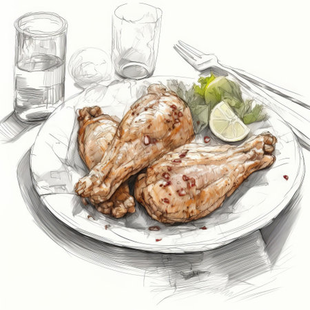 a vibrant sketch of a delectable plate of chicken on a rustic wooden bar, surrounded by subtle hints of a lively pub atmosphere, evoking feelings of comfort food and social gatherings, perfect for foodies and art enthusiasts alike, capturing the essence of casual dining and relaxation. ai generatedの素材