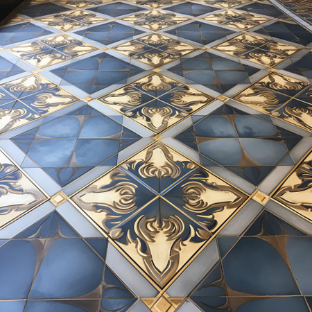 the elegant tile patterns feature a subtle blue color palette, infused with sophisticated gold accents, creating a luxurious and refined ambiance, perfect for modern interior design, bathroom renovations, and kitchen backsplashes, adding a touch of sophistication to any room's decor. ai generatedの素材