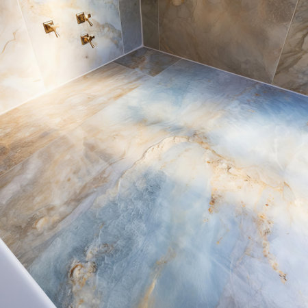 travertine tile showcases a subtle blue hue, elegantly infused with gold accents, creating a sophisticated and luxurious ambiance, perfect for bathroom floors, kitchen backsplashes, or living room decor, adding a touch of natural beauty and opulence to any interior design. ai generatedの素材