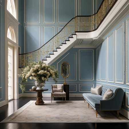 this elegant foyer boasts a subtle blue color palette, perfectly complemented by gold accents that add a touch of sophistication and luxury, creating a warm and inviting atmosphere ideal for making a great first impression in any modern home or office space. ai generatedの素材