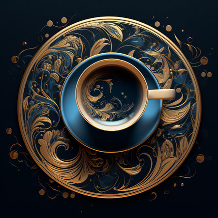 the coffee cup, adorned with a subtle blue hue and elegant gold accents, sits serenely on a rustic wooden table, evoking a sense of sophistication and refinement, perfect for a relaxing morning coffee break or an afternoon pick-me-up in a cozy coffee shop atmosphere. ai generatedの素材