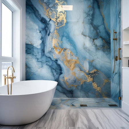 the marble tile features a subtle blue color with a sophisticated gold accent, adding a touch of luxury and elegance to any room's decor, perfect for creating a sophisticated ambiance in bathrooms, kitchens, and living spaces with its unique blend of cool tones and metallic highlights. ai generatedの素材