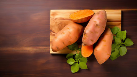 sweet potatoes sit proudly on a rustic wood table, their vibrant orange hue and organic texture taking center stage in this still life composition, evoking feelings of warmth, comfort, and wholesome nutrition, perfect for healthy recipes and autumnal gatherings. ai generatedの素材