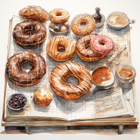 a vibrant sketch of a plate of doughnuts on a bar, surrounded by coffee cups and napkins, captures the essence of a bustling cafe atmosphere, evoking feelings of warmth and comfort, perfect for coffee and pastry lovers, breakfast enthusiasts, and fans of sweet treats and morning routines. ai generatedの素材