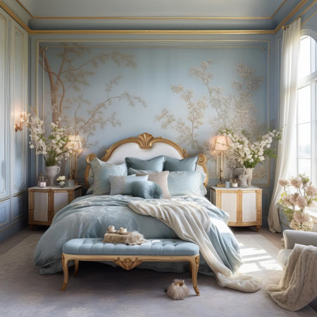 the bedroom exudes serene sophistication with its subtle blue walls, complemented by elegant gold accents that add a touch of luxury, creating a calming atmosphere perfect for relaxation and rejuvenation, ideal for a peaceful retreat from the world outside. ai generatedの素材