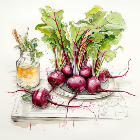 a vibrant still life sketch of a plate of beets on a rustic wooden bar, surrounded by subtle shadows, evoking a sense of earthy elegance and farm-to-table freshness, perfect for foodies and art enthusiasts alike, celebrating the beauty of seasonal produce and culinary simplicity. ai generatedの素材