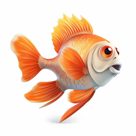 the vibrant koi turbot, meticulously crafted using cutting-edge pixar 3d technology, is showcased in stunning profile view, flaunting its sleek, full-body silhouette against a pristine white isolated background, highlighting its mesmerizing scales and fins in exquisite detail. ai generatedの素材