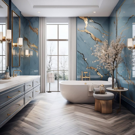 this elegant bathroom features a soothing subtle blue color palette, beautifully complemented by luxurious gold accents, creating a sophisticated ambiance perfect for relaxation, with sleek fixtures and modern amenities blending seamlessly into the serene atmosphere. ai generatedの素材