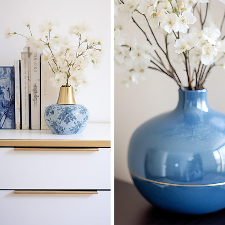 the diy home decor features a subtle blue color palette with elegant gold accents, adding a touch of sophistication to any room, perfect for a modern minimalist aesthetic, and ideal for those who appreciate understated luxury and refined elegance in their interior design. ai generatedの素材