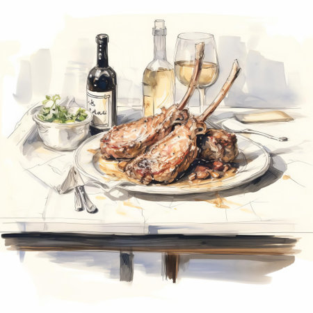 a vibrant sketch of a delectable plate of lamb on a rustic wooden bar, surrounded by a few glasses and a bottle of wine, evoking a cozy atmosphere of a traditional tavern, perfect for a relaxing evening with friends, featuring earthy tones and bold brushstrokes. ai generatedの素材