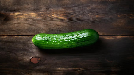 a fresh green cucumber lies on a rustic wood table, its vibrant skin glistening in the light, surrounded by subtle wood grain patterns, evoking a sense of natural simplicity and healthy snacking, perfect for a refreshing summer salad or crudite platter. ai generatedの素材