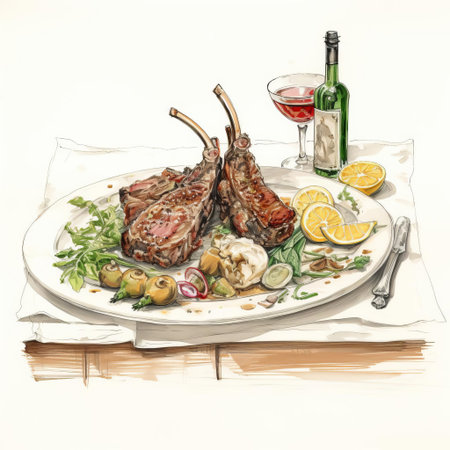 a rustic wooden bar showcases a delectable plate of lamb, garnished with fresh herbs and served with a side of crispy vegetables, evoking the warmth and coziness of a traditional tavern, perfect for a hearty dinner or casual gathering with friends, highlighting the rich flavors of mediterranean cuisine. ai generatedの素材