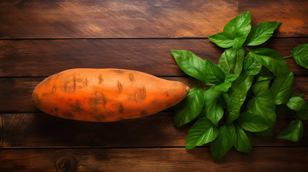 sweet potato sits proudly on a rustic wood table, its vibrant orange skin glistening in the light, surrounded by subtle wood grain patterns, evoking a sense of natural simplicity and wholesome nutrition, perfect for a healthy snack or autumnal recipe inspiration. ai generatedの素材