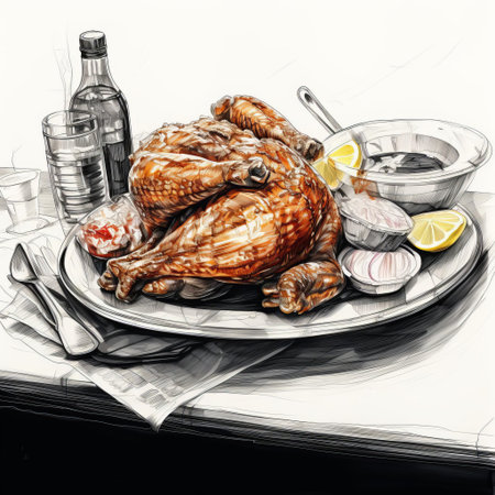 a rustic wooden bar showcases a delectable plate of grilled chicken, garnished with fresh herbs and served with a side of crispy fries, evoking a sense of casual dining and social gatherings in a trendy pub or restaurant atmosphere, perfect for foodies and socialites alike. ai generatedの素材