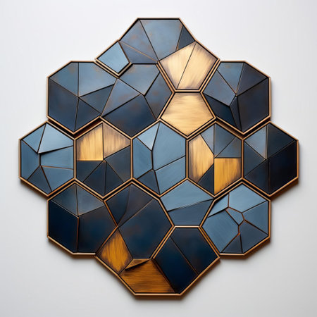 hexagon, a mesmerizing geometric shape, is beautifully captured in this stunning image, featuring a subtle blue color palette with a touch of luxury added by a gold accent, evoking feelings of sophistication and elegance, perfect for design inspiration or wallpaper use. ai generatedの素材
