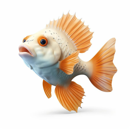 the vibrant koi turbot, meticulously crafted using cutting-edge pixar 3d technology, is showcased in stunning profile view, its full body majestically displayed against a pristine white isolated background, highlighting its iridescent scales and majestic fins in exquisite detail. ai generatedの素材