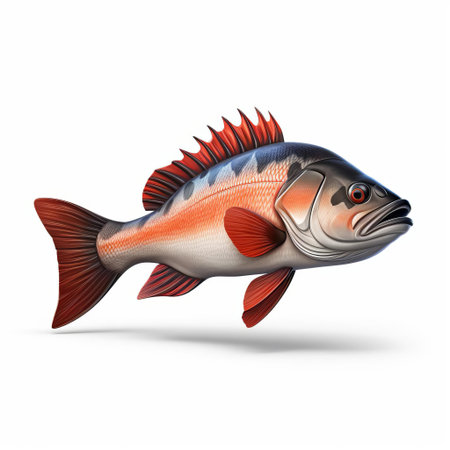 a majestic koi sea bass, crafted with pixar 3d technology, is showcased in stunning profile view, its vibrant orange and white scales glistening against a pristine white isolated background, highlighting the intricate details of its full body, from fins to tail, in breathtaking realism. ai generatedの素材
