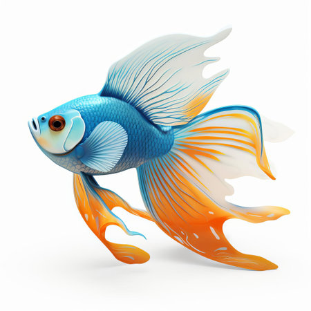 the majestic koi angelfish, meticulously crafted using cutting-edge pixar 3d technology, is showcased in stunning profile view, its vibrant scales and flowing fins beautifully accentuated against a crisp white isolated background, evoking a sense of serenity and aquatic wonder. ai generatedの素材
