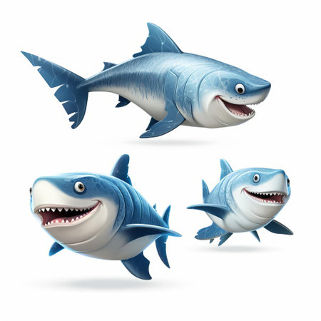 a majestic koi shark, crafted using cutting-edge pixar 3d technology, is showcased in stunning profile view, displaying its vibrant scales and powerful physique against a crisp white isolated background, evoking a sense of aquatic wonder and digital artistry. ai generatedの素材