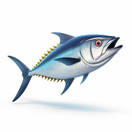 the koi, a vibrant species of carp, is majestically rendered in 3d using cutting-edge pixar technology, showcasing its sleek, silver scales and majestic fins in a stunning profile view, set against a crisp, white isolated background, highlighting its slender body and delicate features in exquisite detail. ai generatedの素材