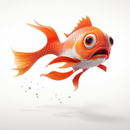 a vibrant koi fish, meticulously crafted using pixar 3d technology, is showcased in stunning profile view, displaying its sleek, scaled body from fin to tail, against a pristine white isolated background, highlighting its majestic beauty and intricate details. ai generatedの素材