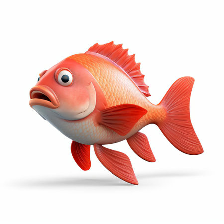 the koi redfish, meticulously crafted using cutting-edge pixar 3d technology, is showcased in stunning profile view, its vibrant orange and white scales glistening against a pristine white isolated background, highlighting the intricate details of its full body, from its flowing fins to its majestic scales. ai generatedの素材