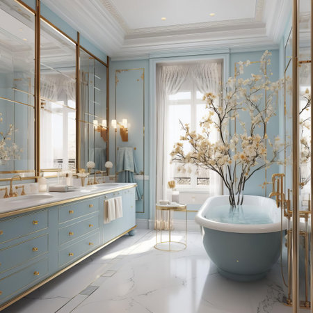 the bathroom features a serene ambiance with a subtle blue color palette, elevated by gold accents that add a touch of luxury and sophistication, creating a relaxing retreat perfect for unwinding after a long day, with elegant fixtures and modern amenities. ai generatedの素材