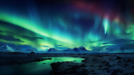 the aurora borealis, also known as the northern lights, illuminates the vast desert landscape with vibrant colors, creating a breathtaking scene captured in this award-winning professional photo, showcasing the natural beauty of the night sky in all its glory. ai generatedの素材