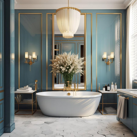 the bathroom exudes elegance with its subtle blue color palette, perfectly complemented by gold accents that add a touch of luxury and sophistication, creating a serene and relaxing ambiance ideal for unwinding after a long day, perfect for a spa-inspired retreat at home. ai generatedの素材