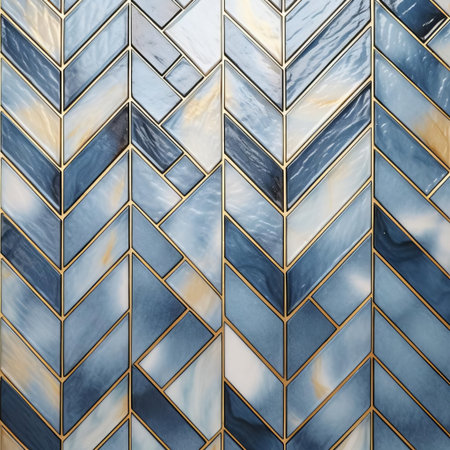 the elegant tile patterns, adorned with subtle blue hues and luxurious gold accents, create a sophisticated ambiance in any room, perfect for adding a touch of refinement to bathroom, kitchen, or living area designs, and ideal for those who appreciate understated luxury and modern style. ai generatedの素材