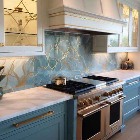 the backsplash features a subtle blue color with a sophisticated gold accent, adding a touch of elegance and refinement to any kitchen design, perfect for those who appreciate a calming yet luxurious atmosphere, ideal for modern homes with a classic twist. ai generatedの素材