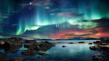 the aurora borealis, also known as the northern lights, illuminates the night sky with vibrant colors, swirling patterns, and ethereal beauty, captured in this breathtaking, award-winning photograph that showcases the mesmerizing dance of solar winds and magnetic fields in the polar atmosphere. ai generatedの素材