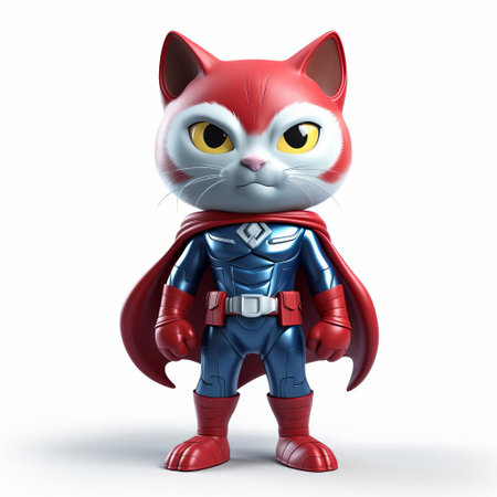 the majestic 3d cat superhero stands proudly on a crisp white background, its vibrant full-body costume gleaming with intricate details, showcasing its fearless personality and extraordinary powers, perfect for fantasy and adventure designs, illustrations, and digital art projects. ai generatedの素材