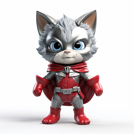 the 3d cat superhero, dressed in a vibrant costume, stands confidently on a pure white background, showcasing its full body in a powerful pose, ready to save the day with its feline strength and agility, perfect for comic book illustrations, digital art, and fantasy designs. ai generatedの素材