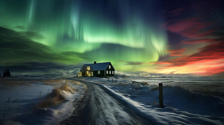 the aurora borealis illuminates the serene rural landscape of the northern hemisphere, its vibrant curtains of green and purple dancing across the starry night sky, captured in breathtaking detail by an award-winning photographer in this stunning, professional photograph. ai generatedの素材